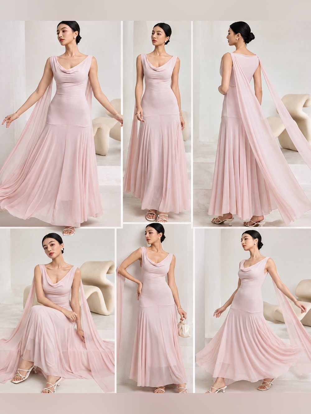 NEW L 8/10 Elegant Whimsy Sheer Stretch Cowl Neck Maxi Dress Baby Pink Mauve